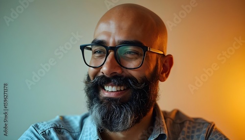 portrait of a Smiling bald man with beard and glasses