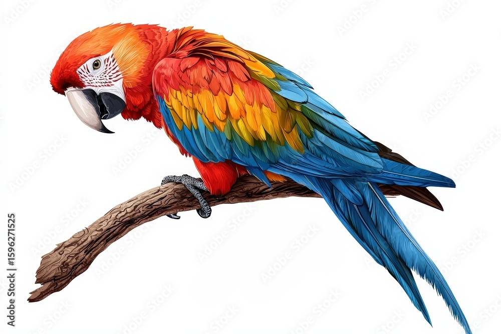 Fototapeta premium Vibrant Scarlet Macaw Sitting on a Branch with Gorgeous Feather Coloring and Artistic Design