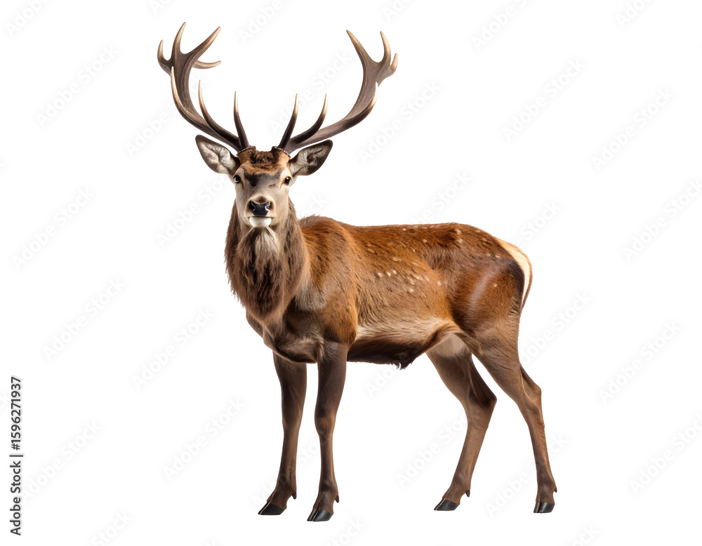 Fototapeta premium A striking red deer stag with impressive antlers stands confidently, gazing directly forward.