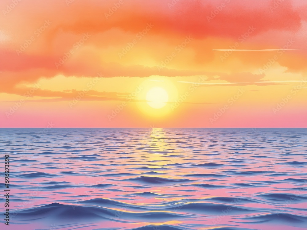 Obraz premium Radiant sunrise casts a golden glow over the tranquil ocean, creating a peaceful and scenic seascape at dusk.