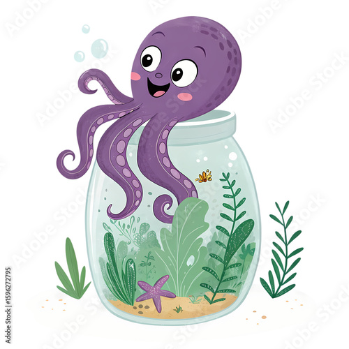 Playful Purple Octopus in a Glass Aquarium A Charming Underwater Scene