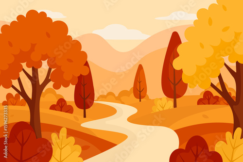 Autumn landscape with trees and path in flat style. Fall nature background. Vector illustration.