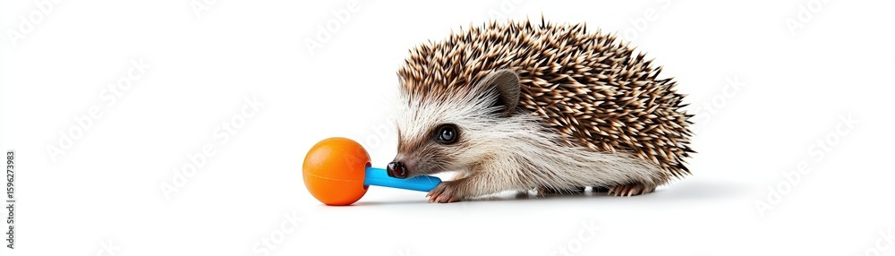 Obraz premium Adorable hedgehog playing with a colorful toy on a white background showcasing playful behavior