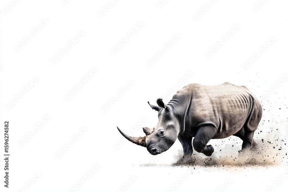 Fototapeta premium Powerful Rhinoceros Running Across Bare Ground with Dust and Motion Effects