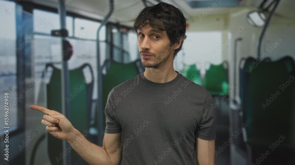 Young man points index finger toward an empty green seat inside a moving bus on a busy street; curiosity.