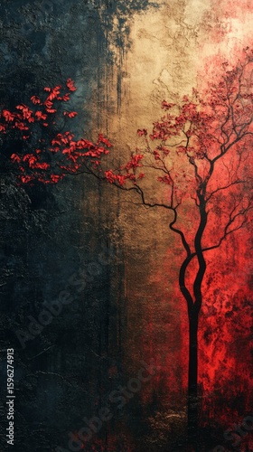 Stylized Red Leaf Tree Against Dark Gold Abstract Textured Background Vertical Art