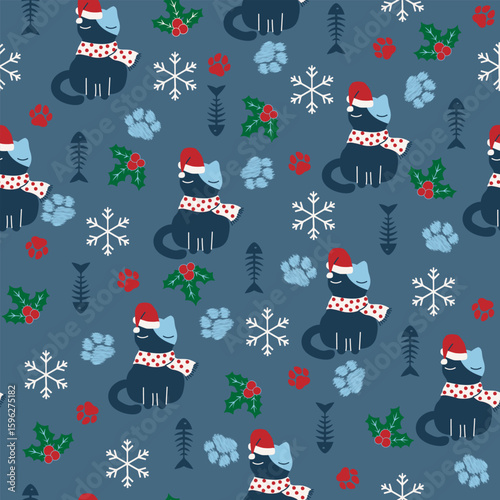 Seamless Christmas pattern featuring colorful cats with festive elements like snowflakes, holly, candy canes, gifts, and Santa hats. Ideal for holiday wrapping paper, fabric prints, greeting cards