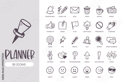 Planner Icon Set, perfect for digital planners and diaries. Hand-drawn vector, Line art design.