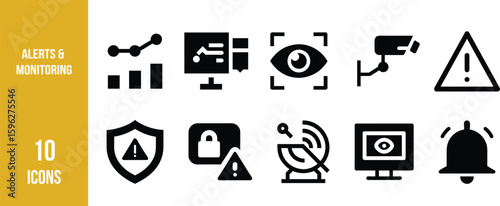 Set of 10 black and white icons representing alerts, monitoring, surveillance, warning systems, data analysis, and threat detection.
