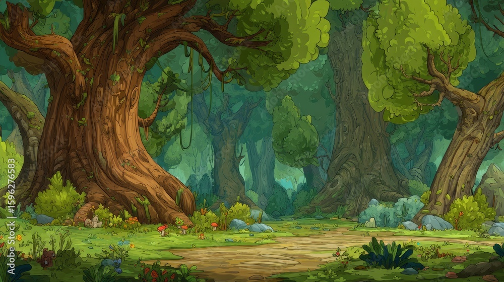 Naklejka premium Lush forest scene with large trees and a pathway.