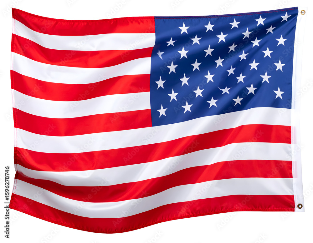 Naklejka premium A grand textile banner with bold red and white stripes and a blue field featuring numerous white star shapes