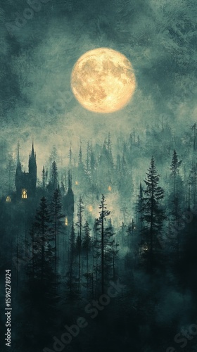 Full Moon Over Forest with Castle in Foggy Landscape