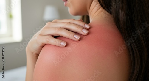 Woman touching her sunburned shoulder indoors