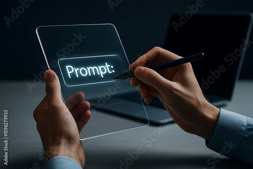 Person using stylus on transparent screen with prompt text in front of laptop hand