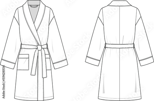 Bathrobe flat sketch, cad drawing, vector illustration, front and back view, fashion design, robe with belt, pocket detail