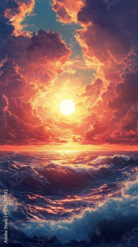 Ocean Waves at Dramatic Sunset with Cloudscape and Golden Light