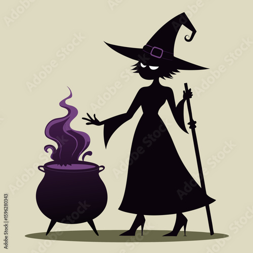 Silhouette of a witch stirring a bubbling cauldron with a staff