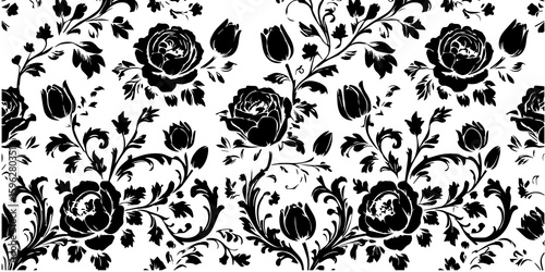 Elegant black floral silhouette pattern on white background isolated on white background isolated on transparent background