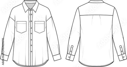 Button up shirt flat sketch, long sleeve shirt cad drawing, front and back view, technical fashion vector illustration design