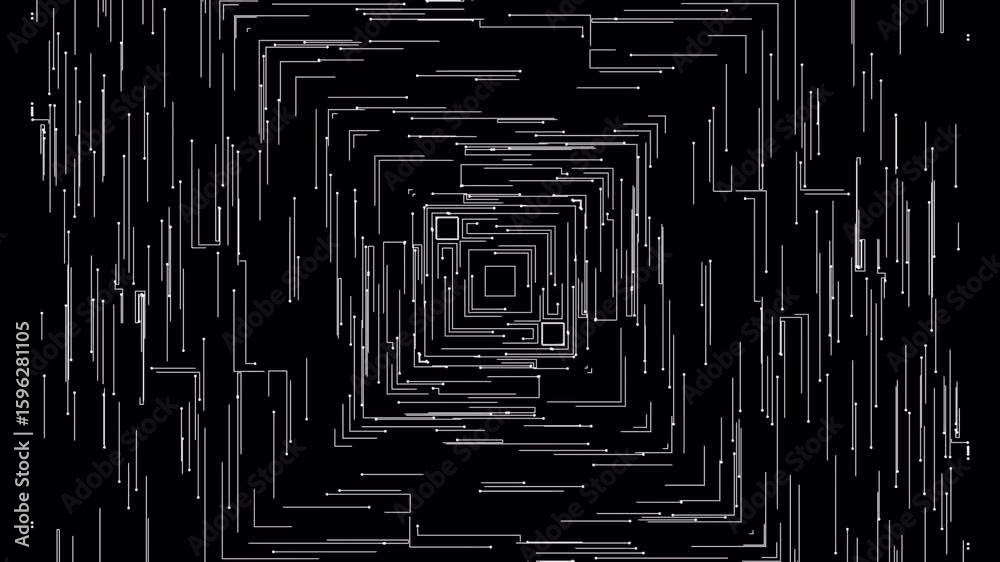 Abstract Digital Circuitry Animation with White Lines and Dots on Black Background