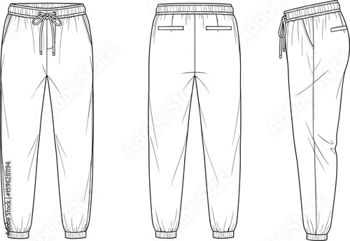 cad drawing flat vector illustration men jogger pants technical fashion sketch with elastic waistband drawstring and ribbed hem template