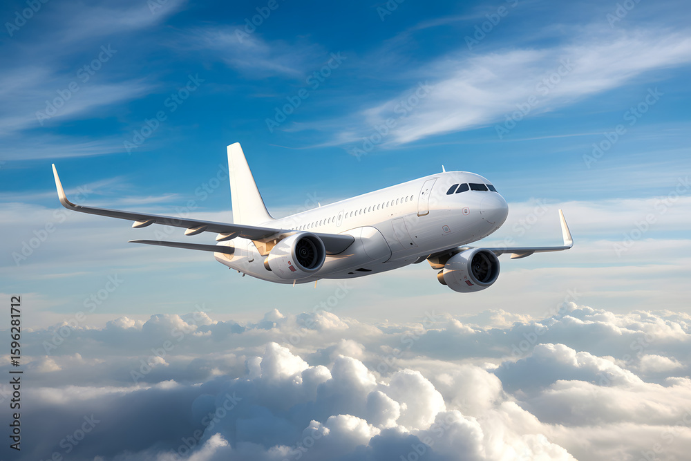 A pristine white airplane soars above the fluffy white clouds against a brilliant blue sky, showcasing modern air travel. A pristine white airplane soars above the fluffy white clouds against a brilliant blue sky, showcasing modern air travel.