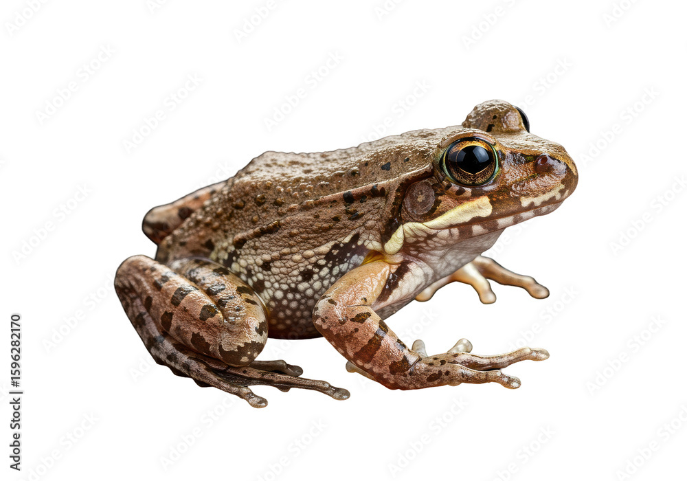 Fototapeta premium Close-up of a brown frog perched on a rock, surrounded by lush greenery and soft light