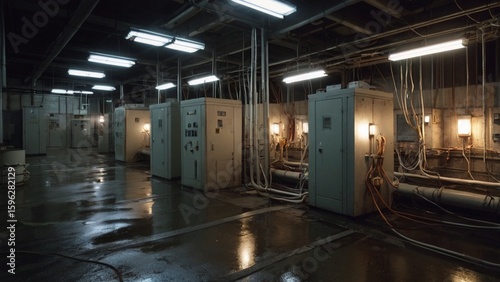 Dark, Industrial Underground Corridor with Electrical Cabinets and Pipes