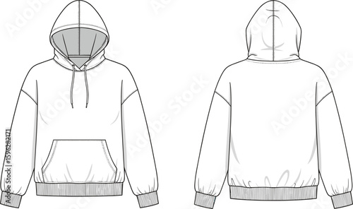 CAD drawing flat vector illustration of hoodie front and back view, pullover sweatshirt with hood, pocket, ribbed cuffs, fashion design