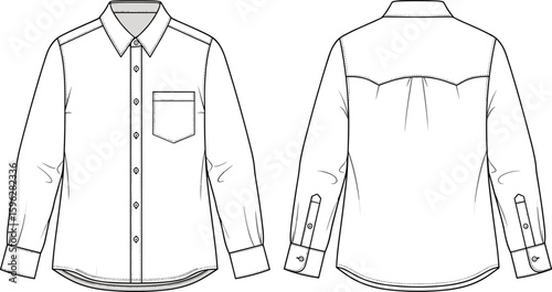 cad drawing flat vector illustration of long sleeve button up shirt with collar pocket cuff placket western yoke fashion
