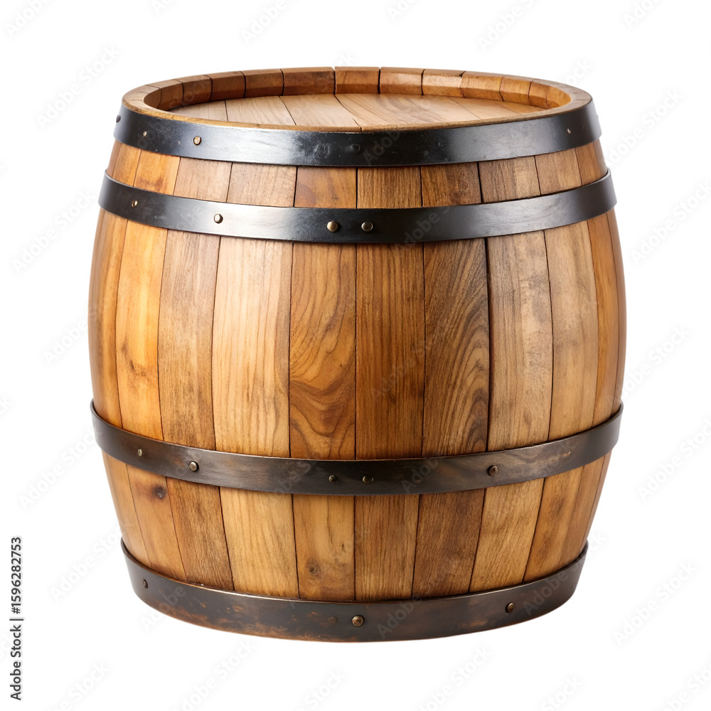 Obraz premium Wooden Barrel: The beauty and utility of a classic wooden barrel, meticulously crafted from wood and metal bands, exudes rustic charm.