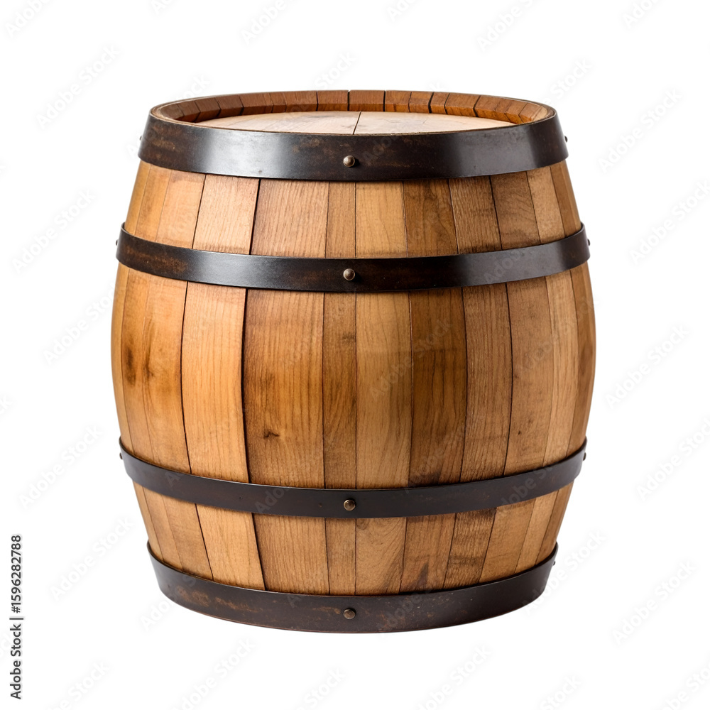Fototapeta premium Wooden Barrel: A close-up shot of a classic, aged wooden barrel, showing the texture and grain, with sturdy metal hoops holding the staves together, exuding rustic charm and timeless appeal.