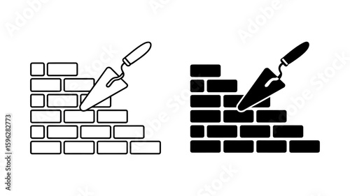 Vector art of two icons depicting a trowel laying bricks for a wall, one outlined and one solid