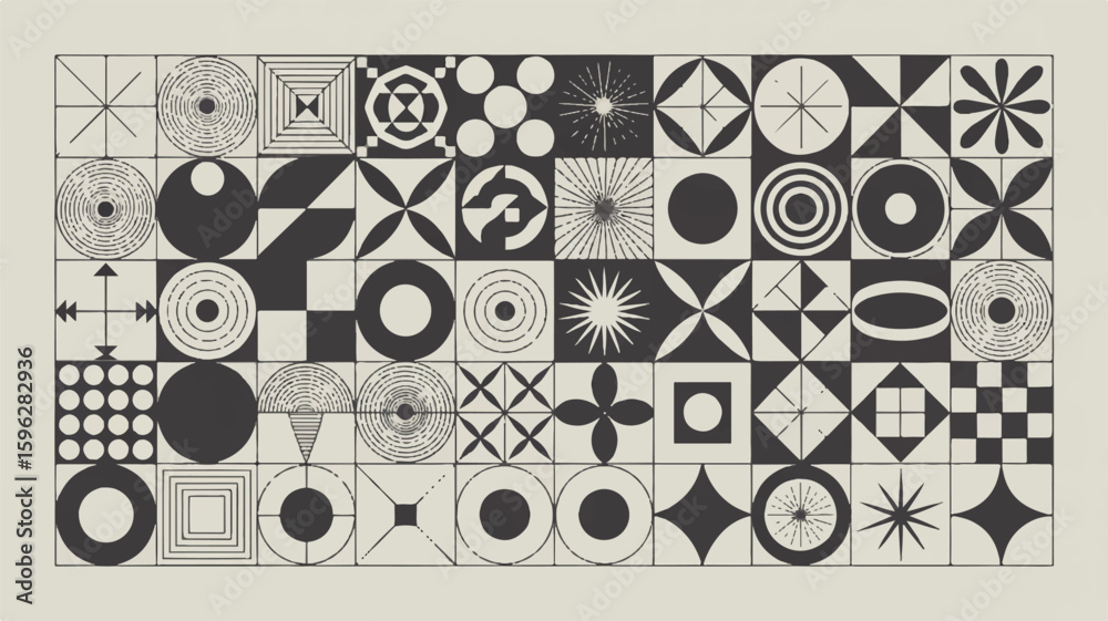 Obraz premium A collection of black and white geometric design elements arranged in a grid pattern on a white background. 