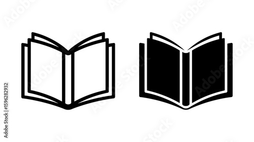 Vector art of two open book icons, one outlined and one solid black
