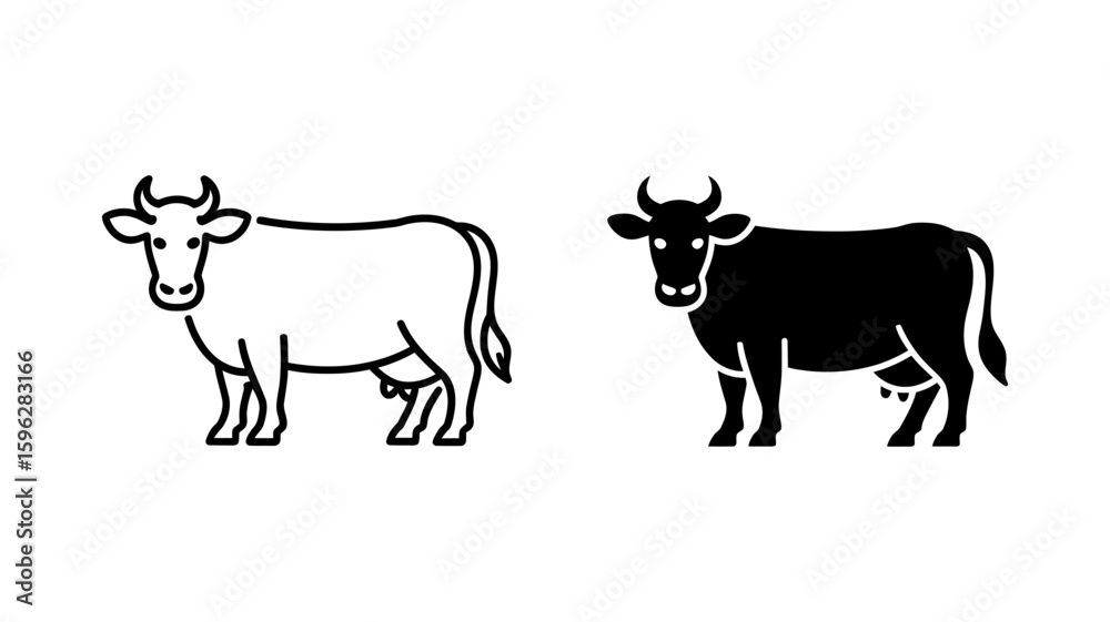 Fototapeta premium Vector art of two stylized cows, one outlined and one solid silhouette, on a white background