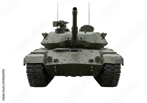 Military tank positioned on a plain background, showcasing its features and design