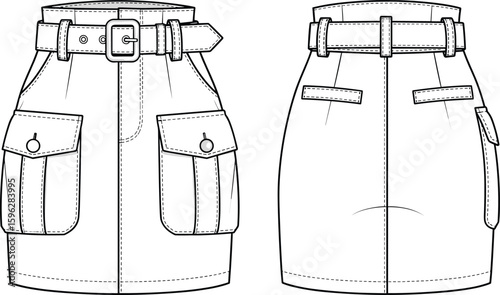 Flat vector fashion cad drawing of mini skirt, front and back view, flap pockets, belt detail, stylish women's bottom wear