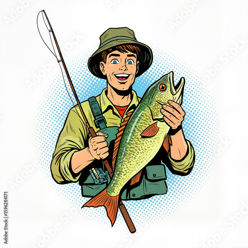 Sticker of a cheerful fisherman holding a large fish, ready for adventure