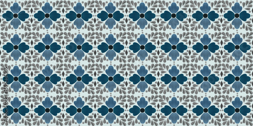 Seamless knitted pattern with blue flowers and blue white stripes vintage geometric textile design and drawn Batik seamless pattern. Geometric doodle abstract illustration, Ethnic wallpaper