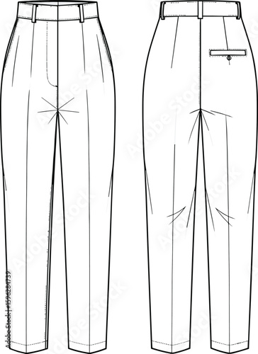 Front and back technical flat sketch, high waist tailored trousers, classic pants design, vector apparel template, cad fashion drawing illustration