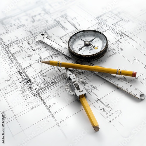 A compass and pencil on top of a blueprint