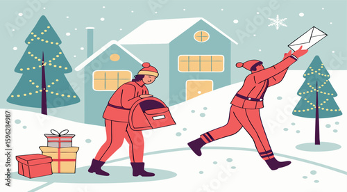 Special Delivery: North Pole Express – Holiday mail carriers spread cheer with gifts and letters, set against a snowy neighborhood filled with twinkling lights and festive trees.