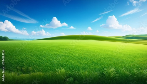 green field with grass and blue sky background landscape cartoon scene