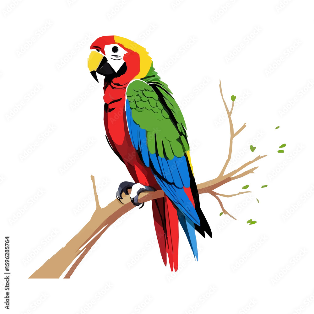 Obraz premium Vibrant scarlet macaw perched on a branch with minimalist style