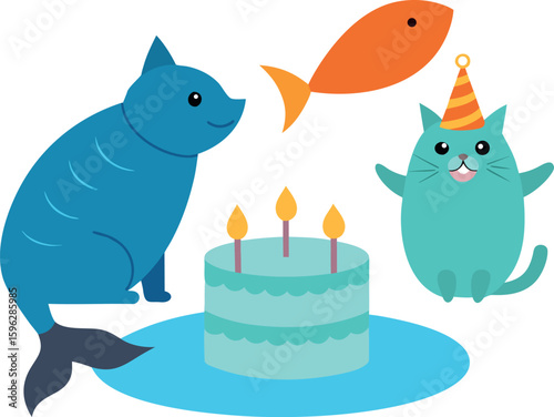 Birthday Card Style Scene With Cats Blowing Out Candles