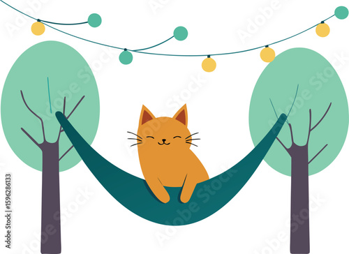 Cat Relaxing In A Hammock Between Two Trees