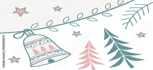 Whimsical Winter Whispers – Soft pastel trees, twinkling stars, and a delicately patterned bell create a dreamy and gentle holiday scene full of charm and quiet joy.