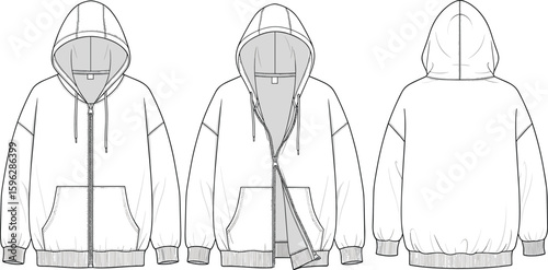 Front, back, and open view of zip up hoodie fashion sketch, blank apparel mockup, casual sweatshirt design template, clothing illustration
