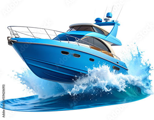  3D Stylized Blue Speedboat Jumping Over Waves, Dynamic Angle, Transparent Background PNG